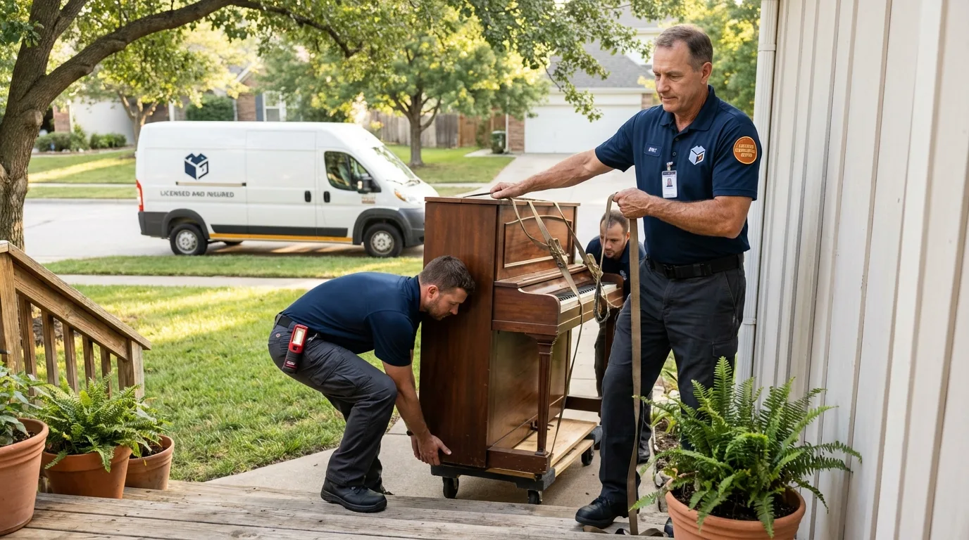 Licensed piano movers securing grand piano in Aurora, UT