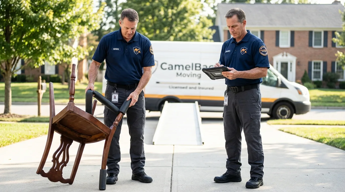 Movers inspecting furniture for damage prevention before loading in Aurora, UT