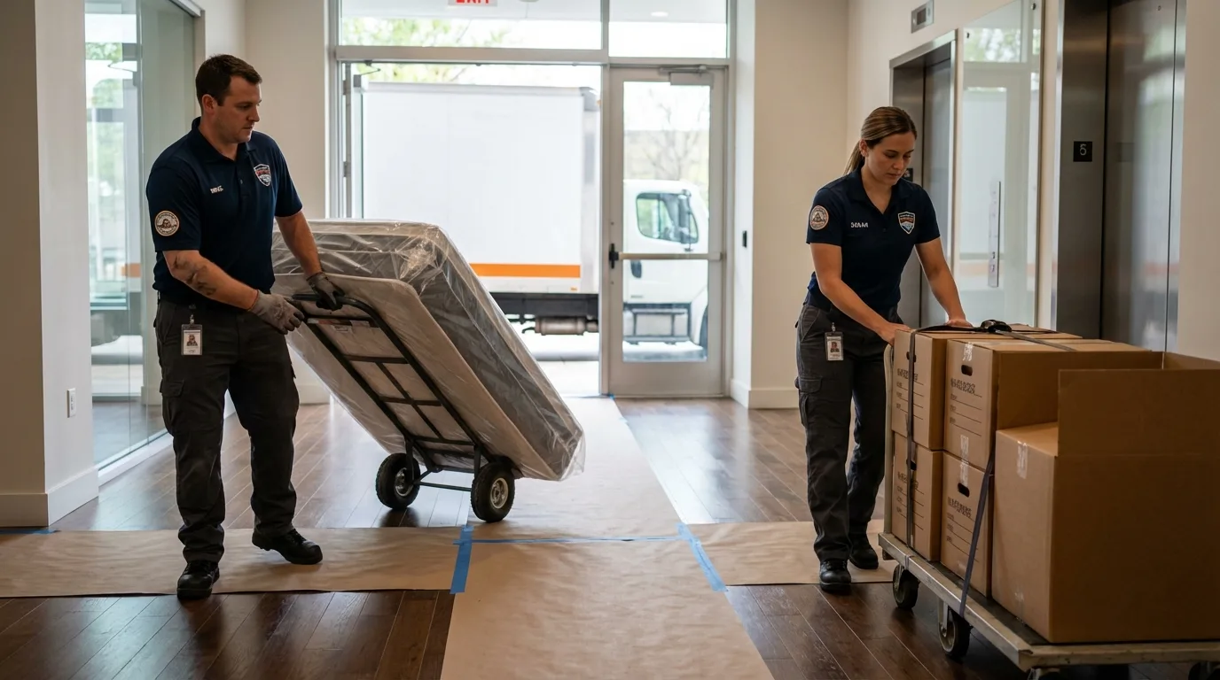 Professional apartment movers loading elevator in Aurora, UT